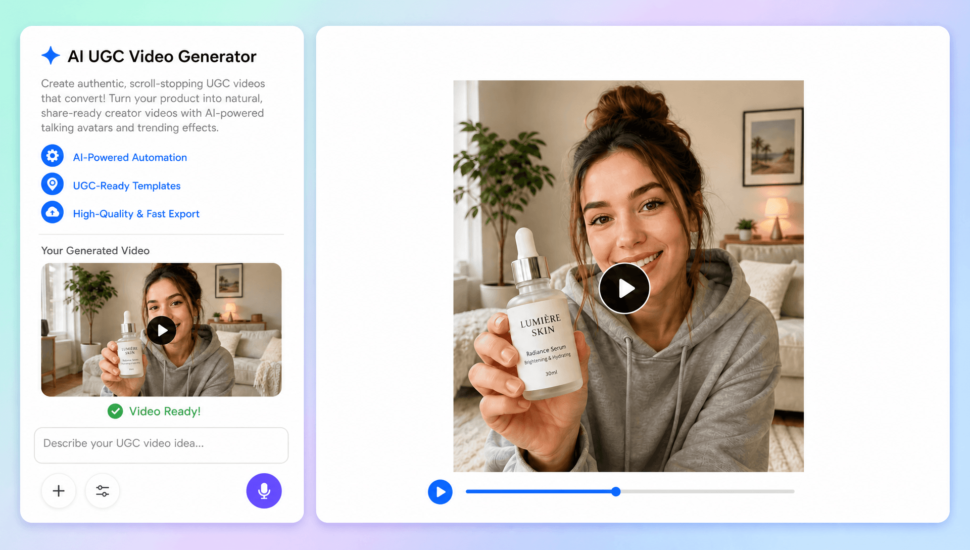 AI UGC Video Generator Online – Create Authentic UGC Videos with AI AI UGC Video Generator Online – Create Authentic UGC Videos with AI